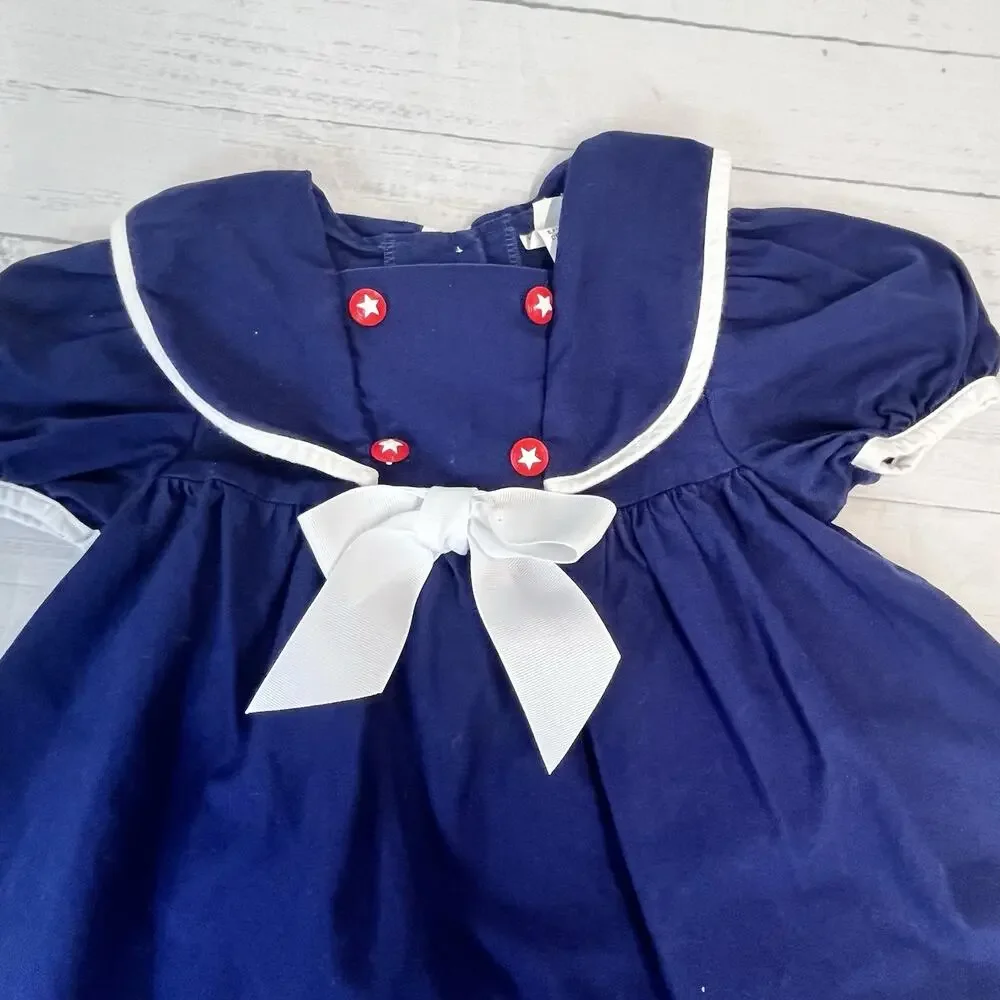 Vintage Girl's Dress Pretty As A Picture size 3T Navy Blue White Sailor Nautical
